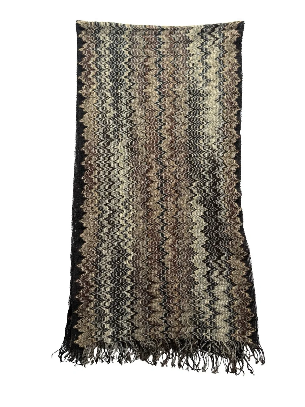 Missoni Italy Knit Chevron Scarf - Brown, Black & Light Blue Zig Zag- 67”